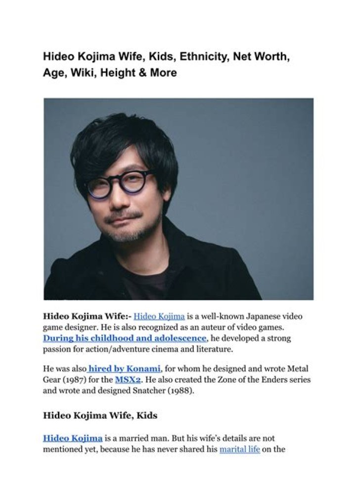 Hideo Kojima Age Wiki, Biography Net Worth, Married, Wife,Height